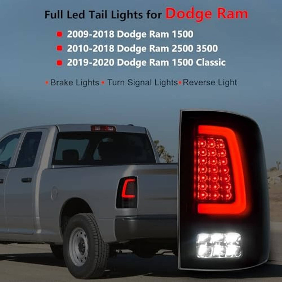 Rear tail light housing with red LED array and white reverse LED strip