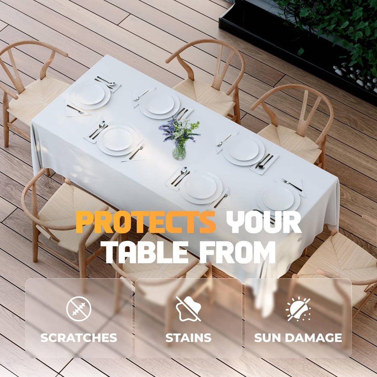 White tablecloth on a dining table, designed to help protect from scratches and stains