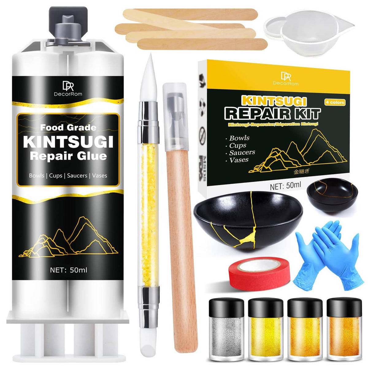 Kintsugi repair kit with food-safe glue, applicator pen, powders, gloves, tools