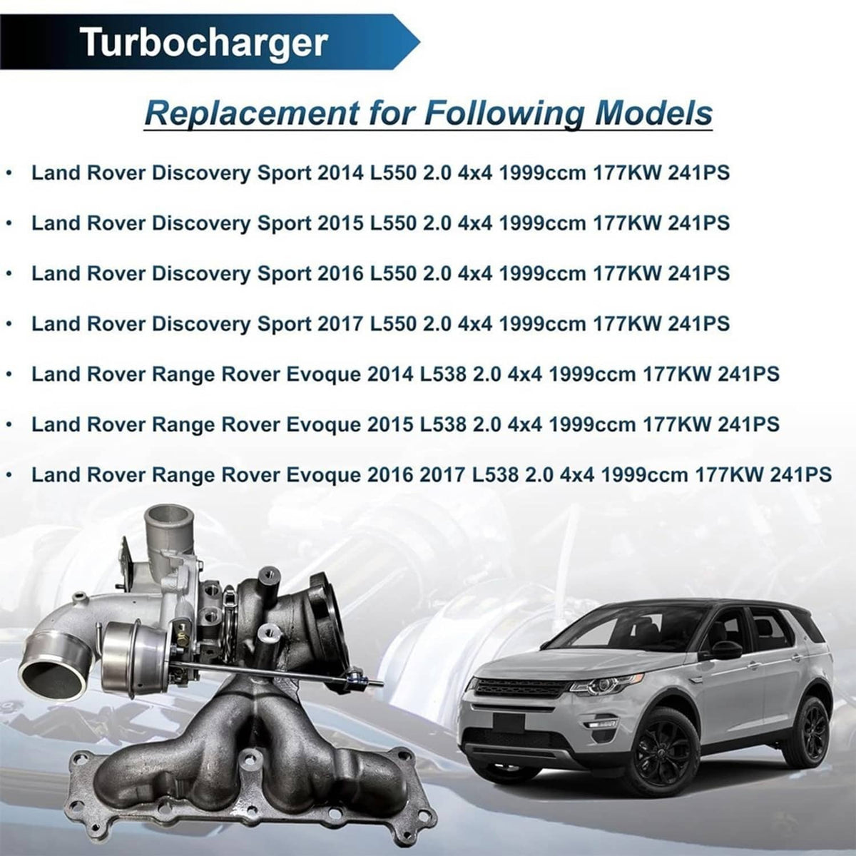 Turbocharger assembly with replacement model fitment list