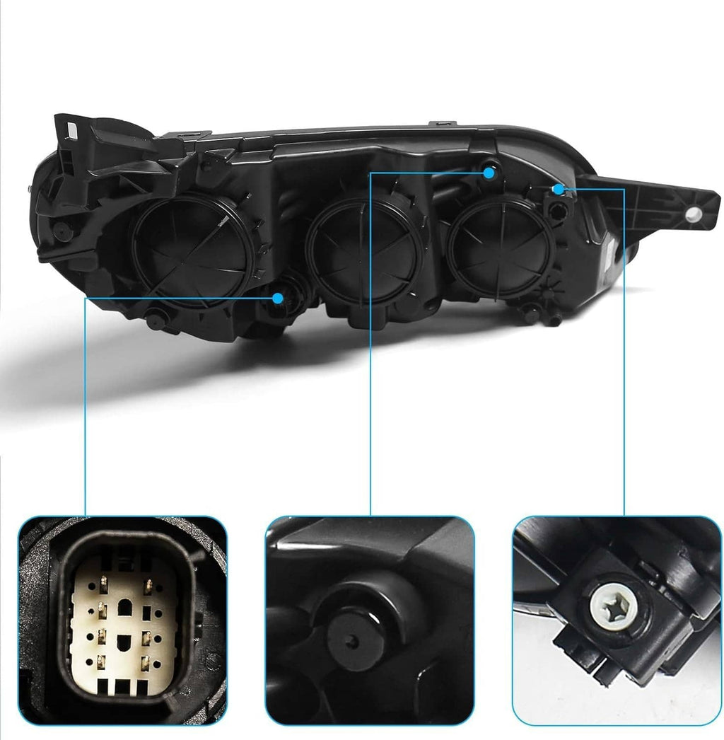Left halogen headlight inner housing with mounting points and connector port, black plastic