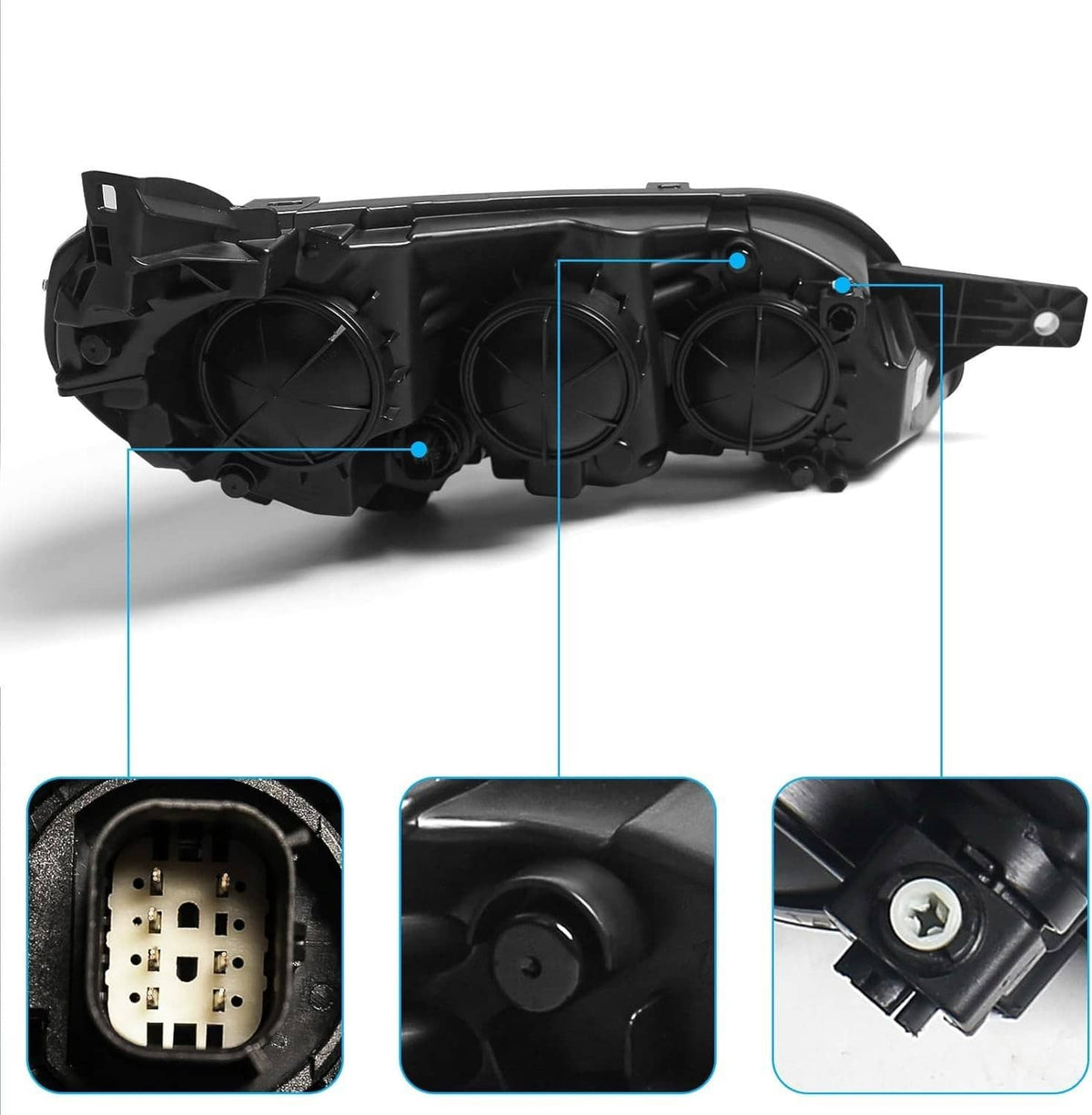 Left halogen headlight inner housing with mounting points and connector port, black plastic