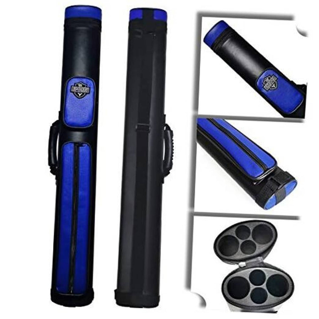 Blue-and-black hard pool cue case with protective sleeves and zip pockets.