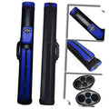 Blue-and-black hard pool cue case with protective sleeves and zip pockets.