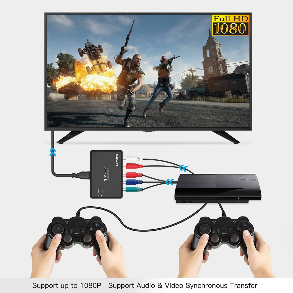 Black HDMI converter in a connected setup with component RCA and audio cables