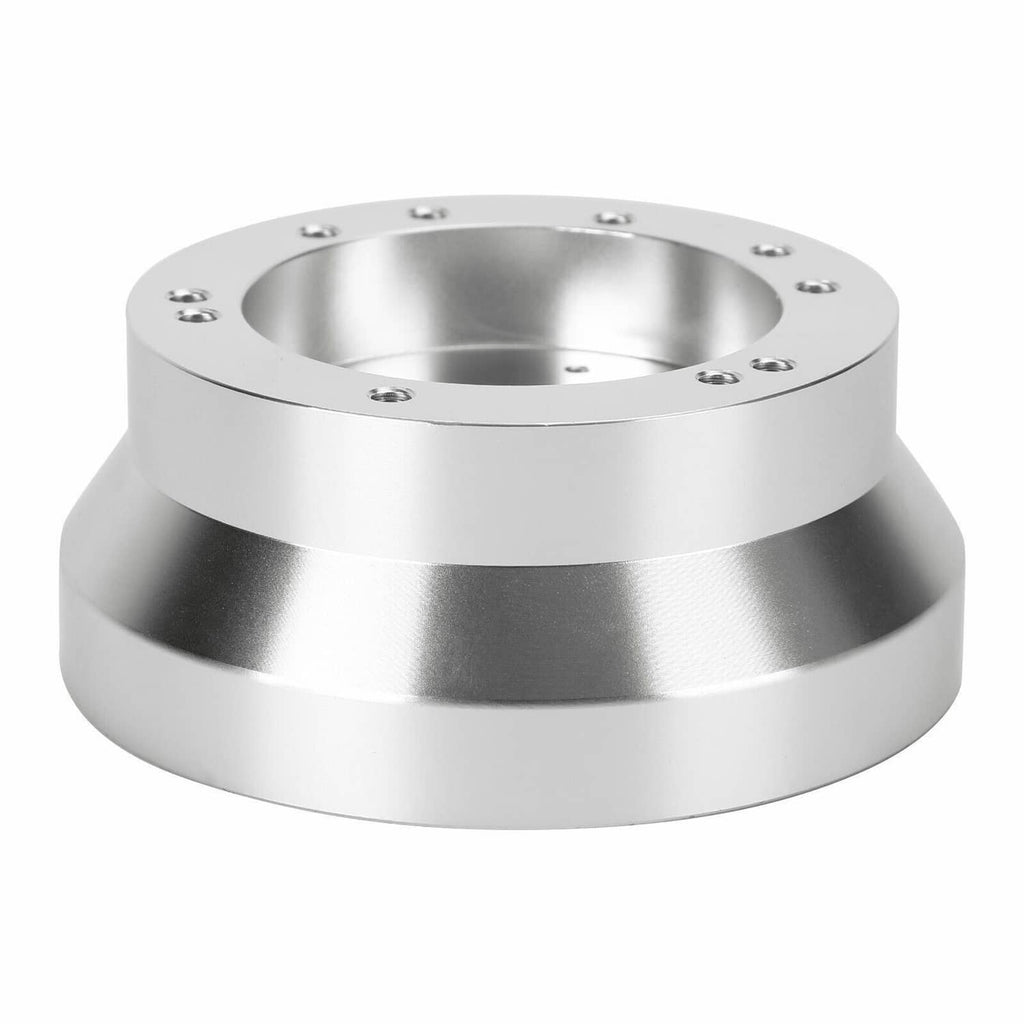 Silver aluminum steering wheel hub adapter with multi-hole mounting ring