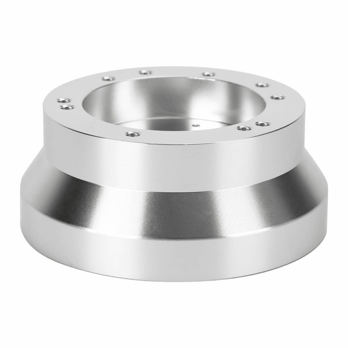 Silver aluminum steering wheel hub adapter with multi-hole mounting ring