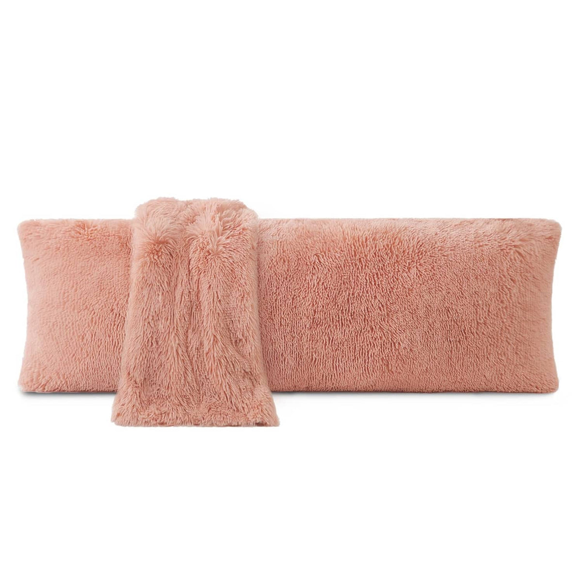 Pink fuzzy body pillow cover with matching long tassel fringe detail