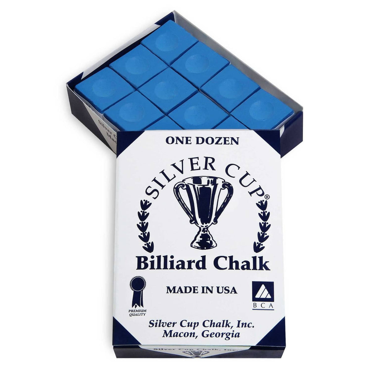One dozen Silver Cup billiard chalk, electric blue chalk in carton box.
