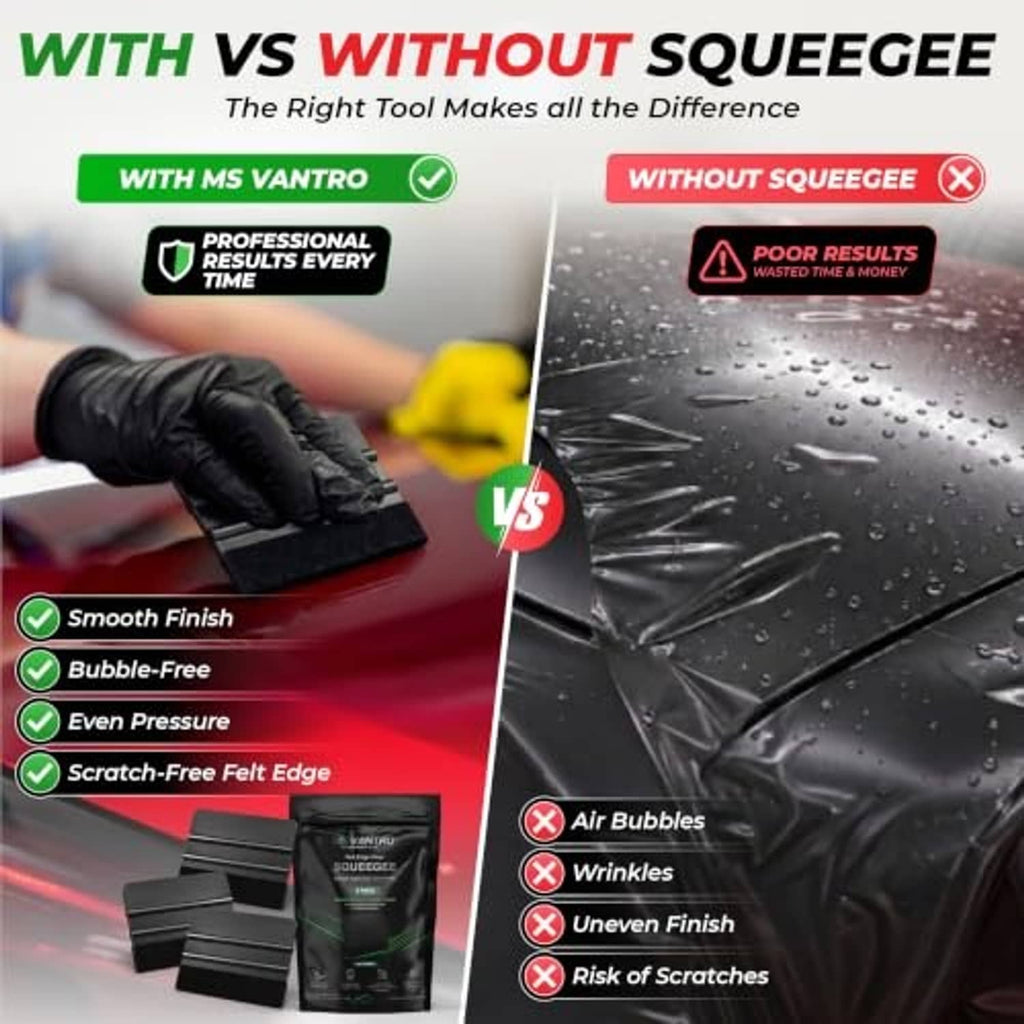 Black felt-edge squeegee smoothing a red surface, for bubble-free application