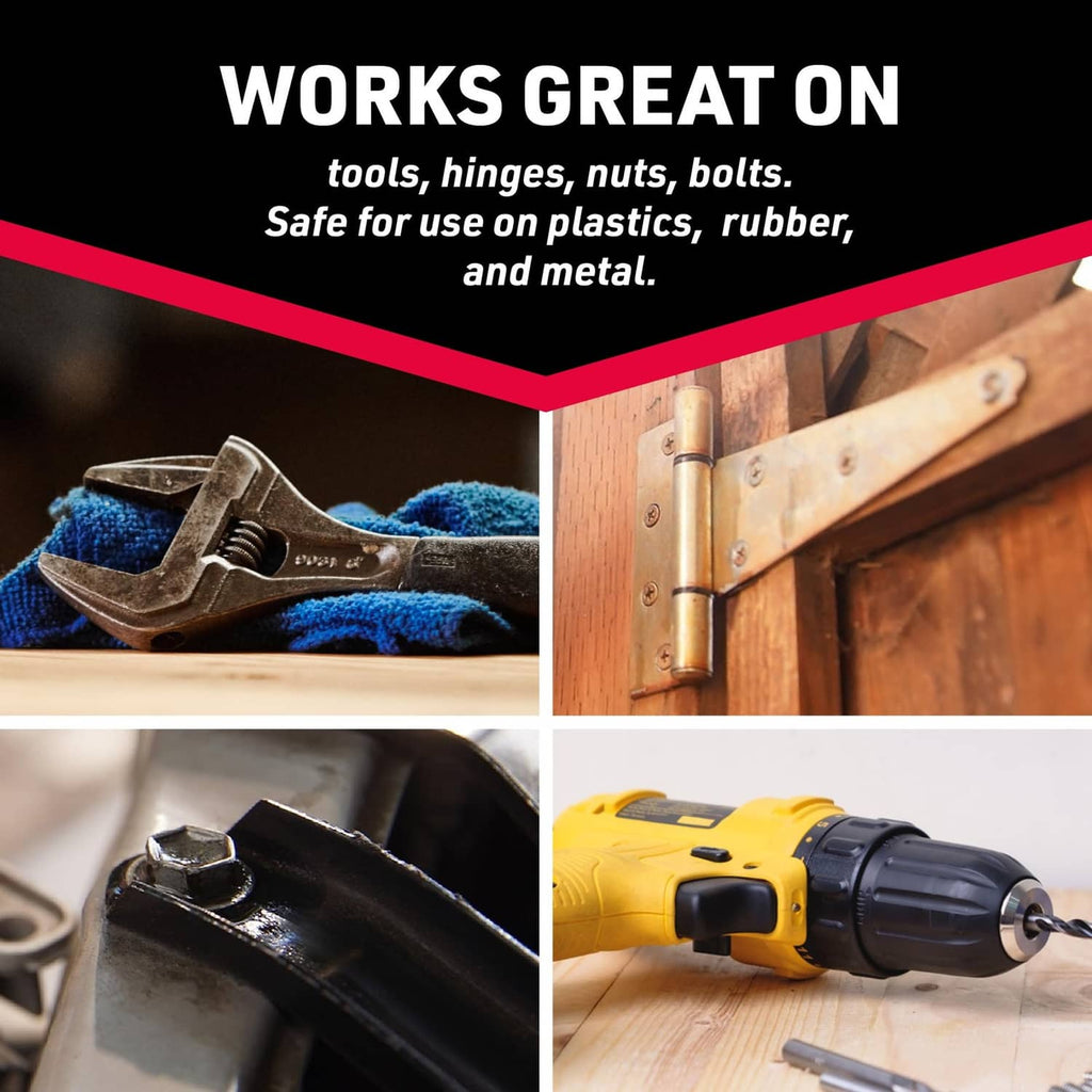 Penetrating oil shown on tools, hinges, nuts, and bolts