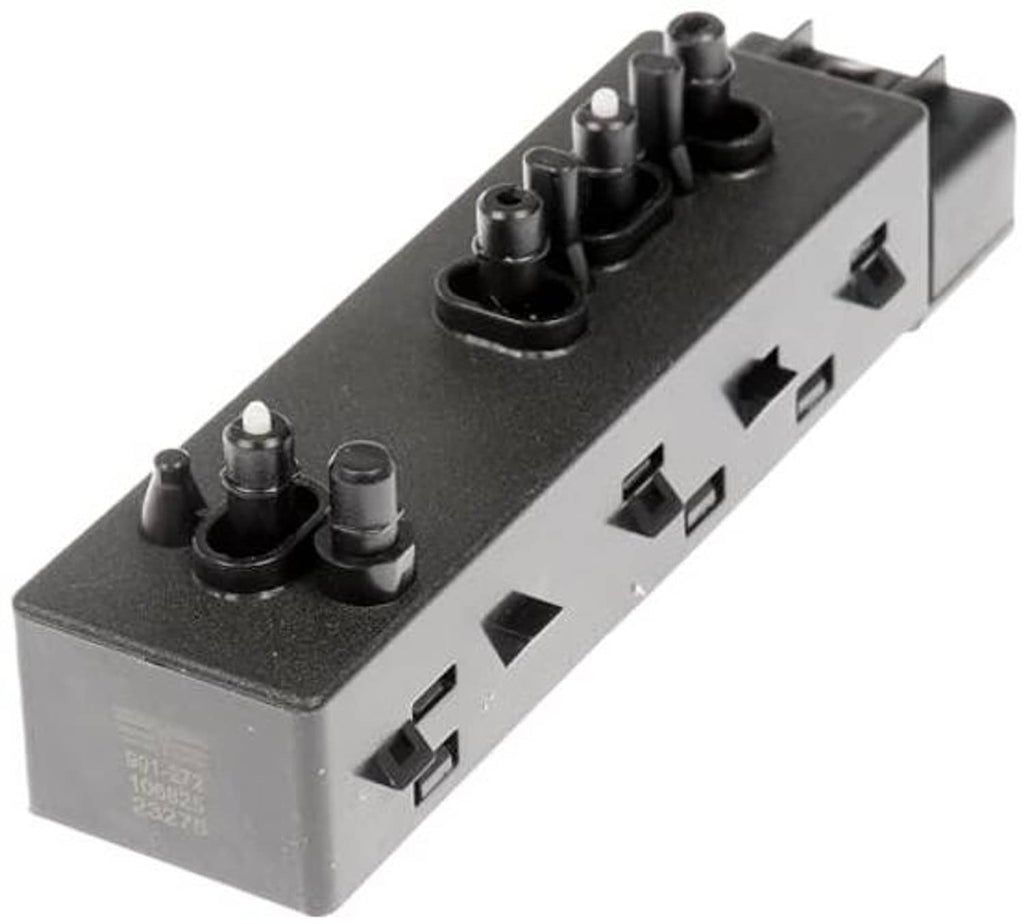 Power seat switch module with button cluster, side ports, and mounting blocks
