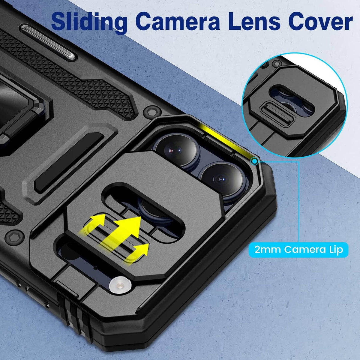 Black rugged phone case with sliding camera lens cover and protective 2mm lip