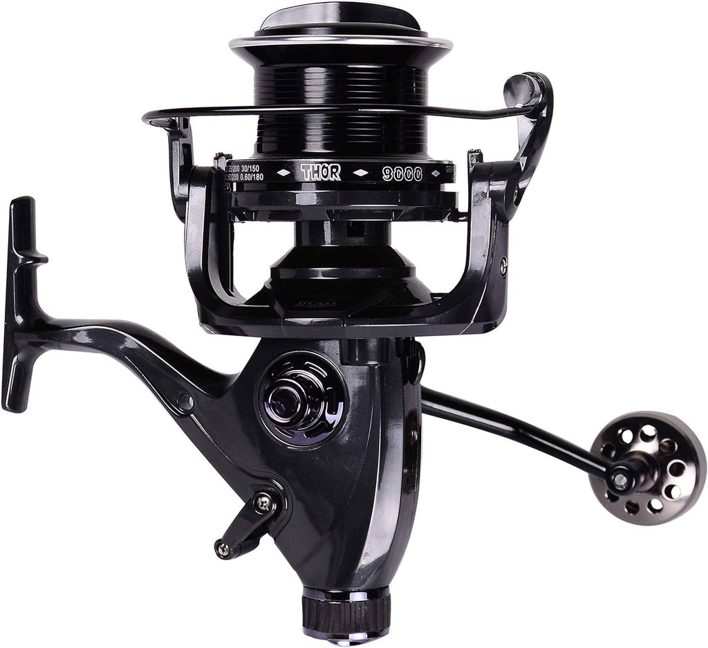 Black bait runner spinning fishing reel with front drag housing and long handle