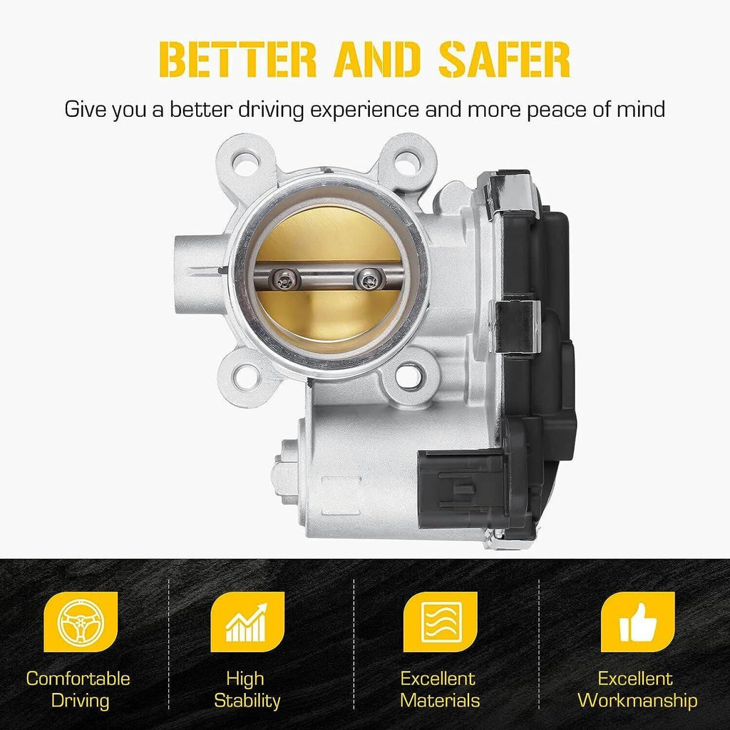Throttle body with silver housing, circular valve opening, and black electrical connector