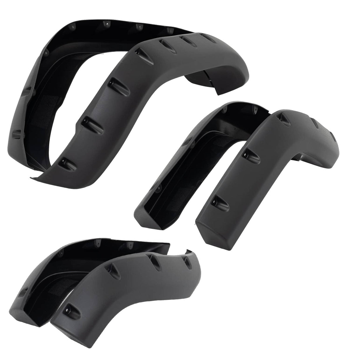 Matte black fender flare set with vent-like cutouts and mounting holes