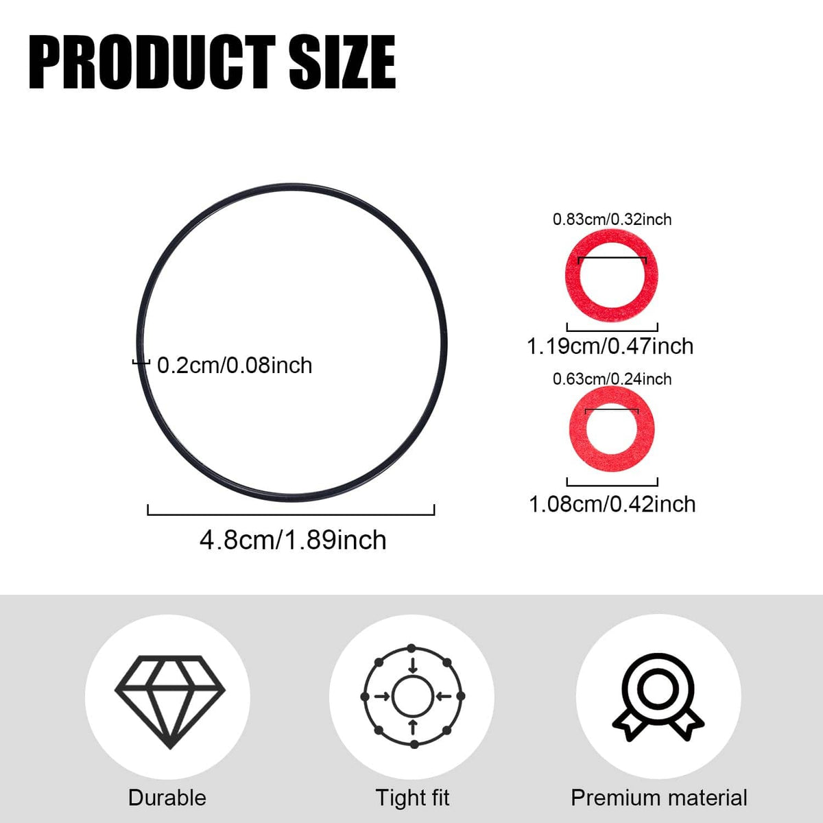 Round gasket set with red O-rings and black outer seals, multiple dimensions