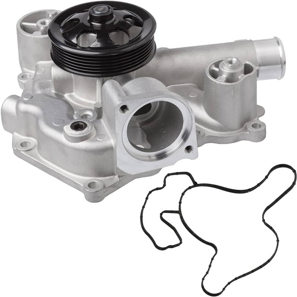Silver water pump assembly with black pulley and black gasket lines