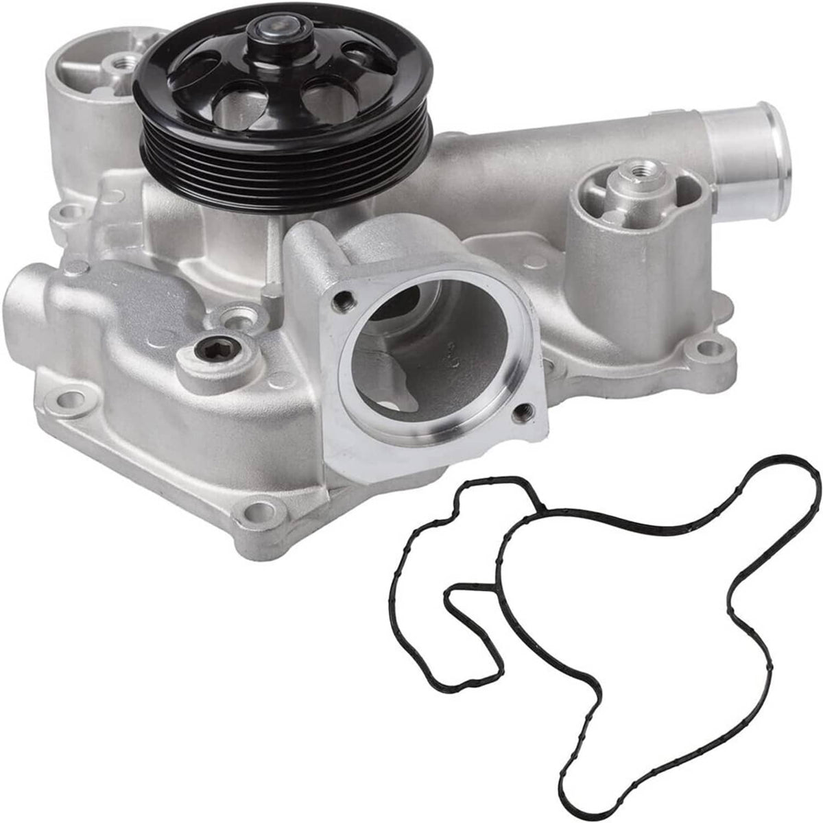 Silver water pump assembly with black pulley and black gasket lines