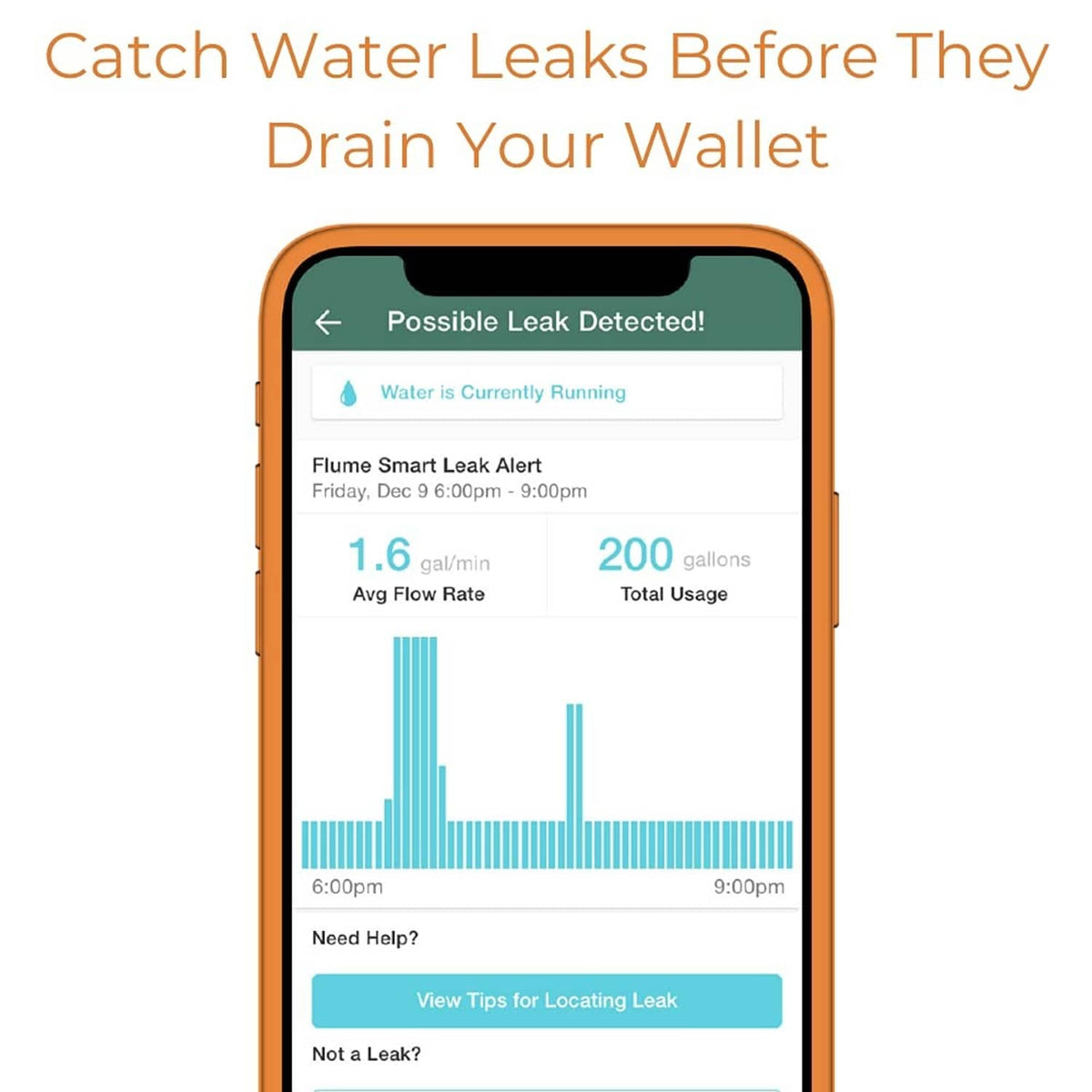 Smart leak detector app on a phone showing possible leak detected alert