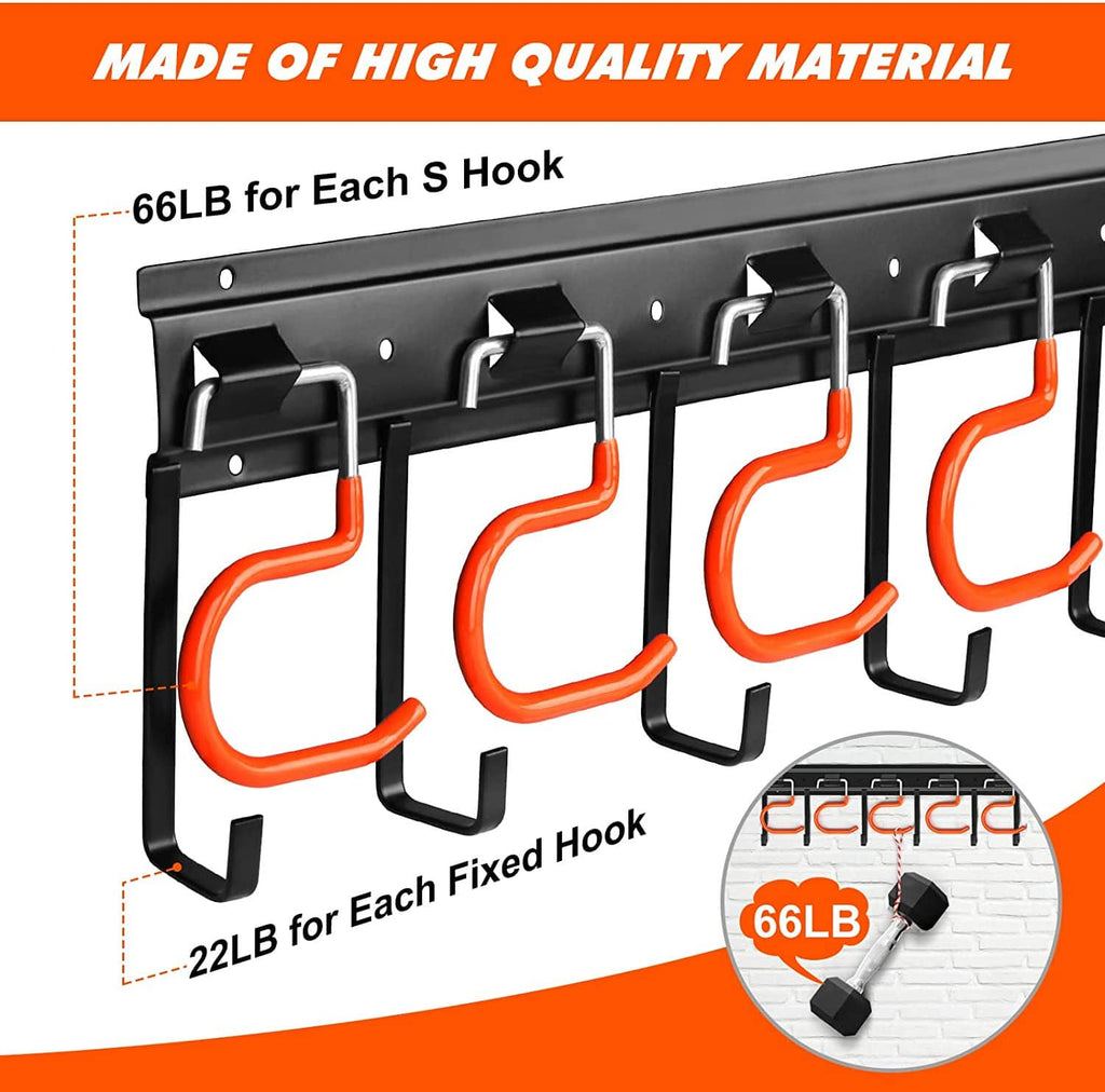Black metal tool organizer wall bar with orange and black U-shaped hooks for heavy tools