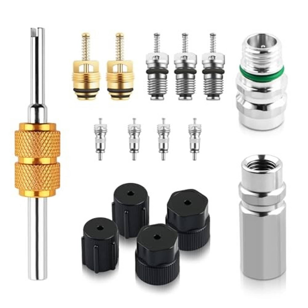 AC valve core kit set with brass tool handle, valve cores, black caps, and silver adapter
