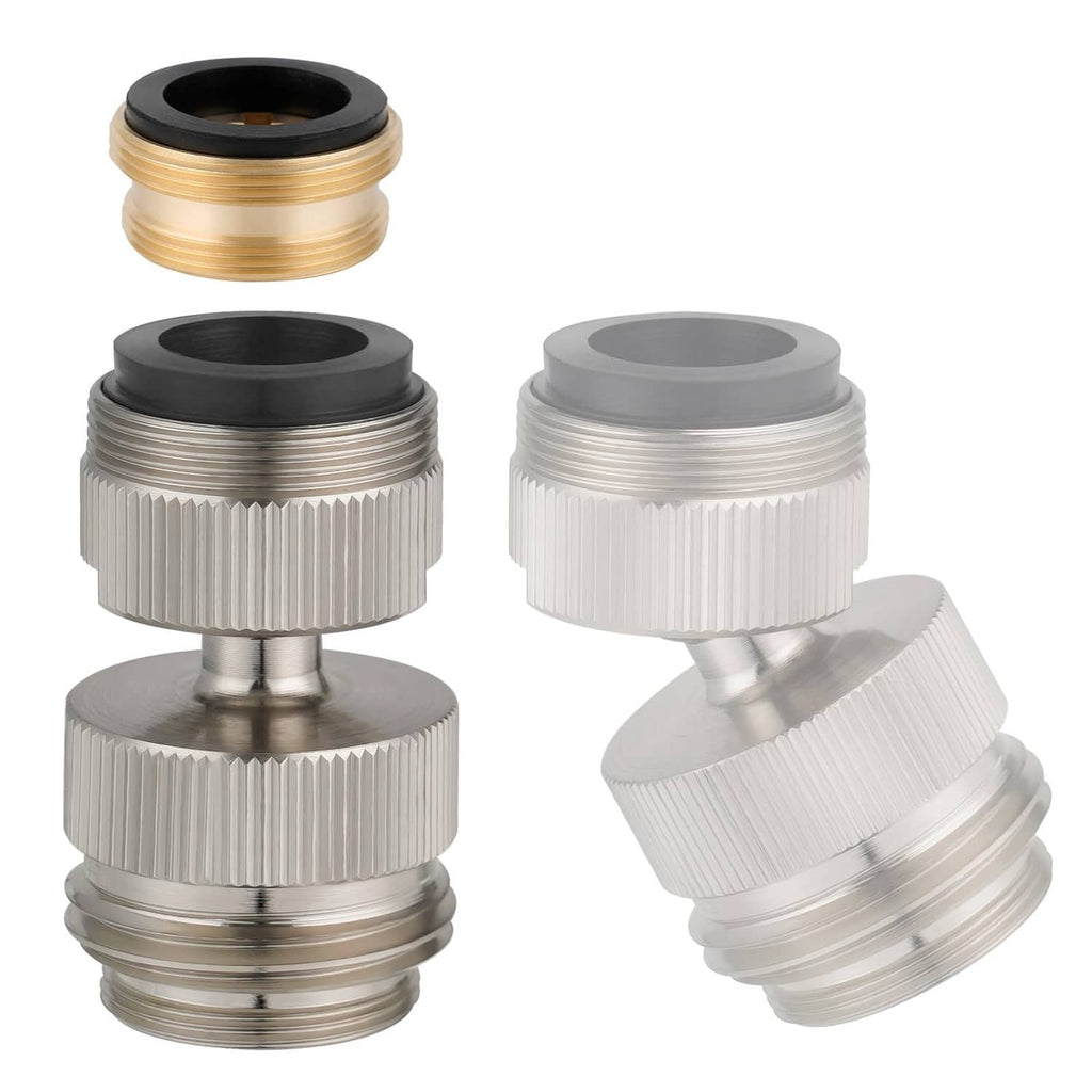 Brushed nickel sink faucet to garden hose adapter with black gasket and threaded ends