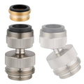 Brushed nickel sink faucet to garden hose adapter with black gasket and threaded ends