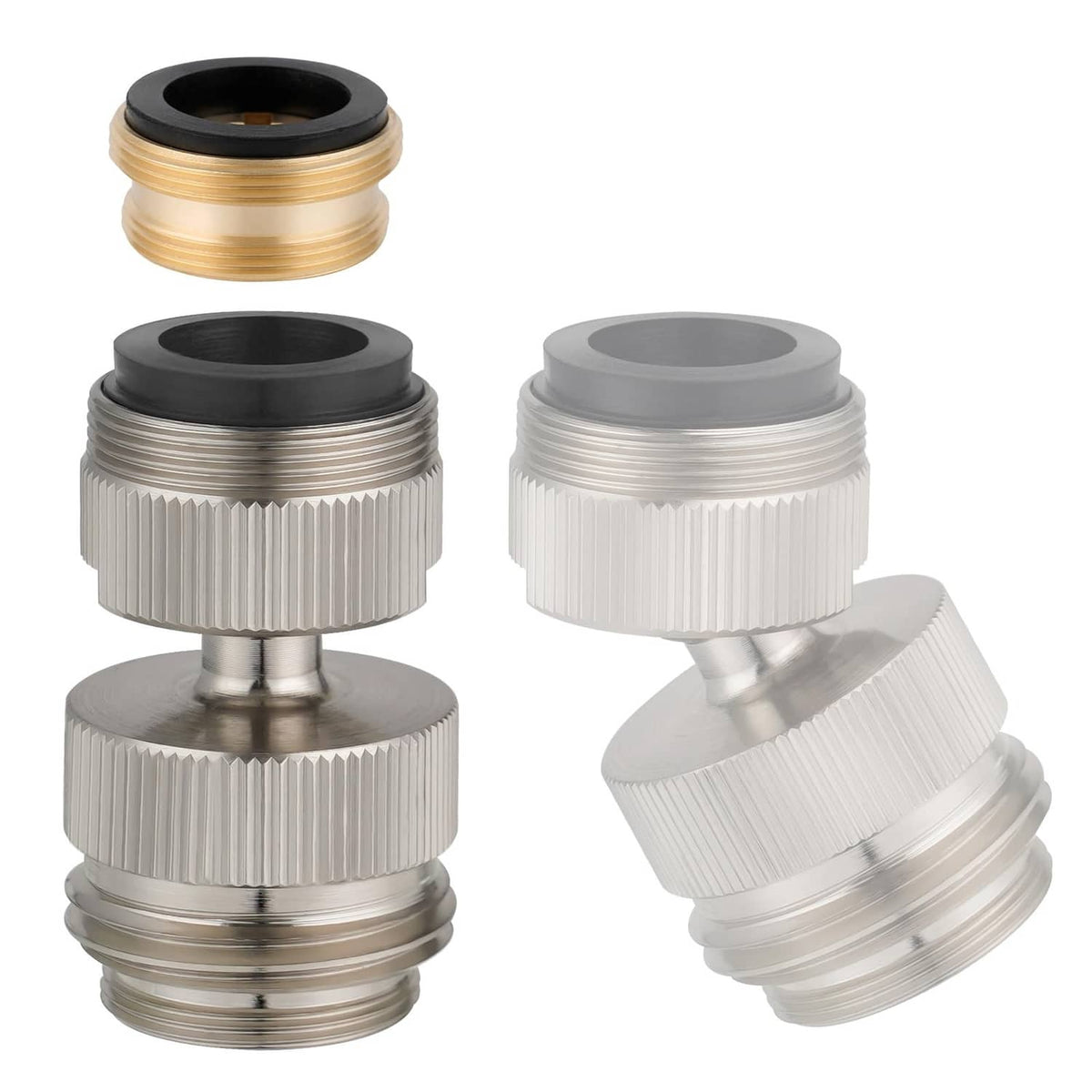 Brushed nickel sink faucet to garden hose adapter with black gasket and threaded ends