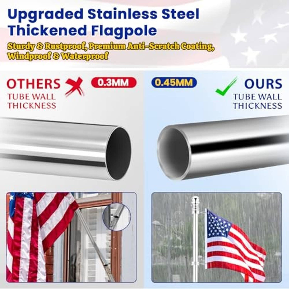 Silver stainless steel flagpole tube section with smooth open ends