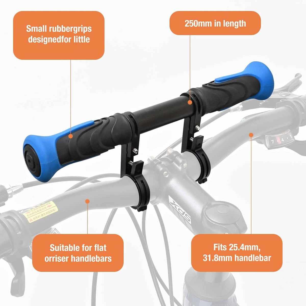 Kids bike seat with black saddle and front mounting bracket on handlebar