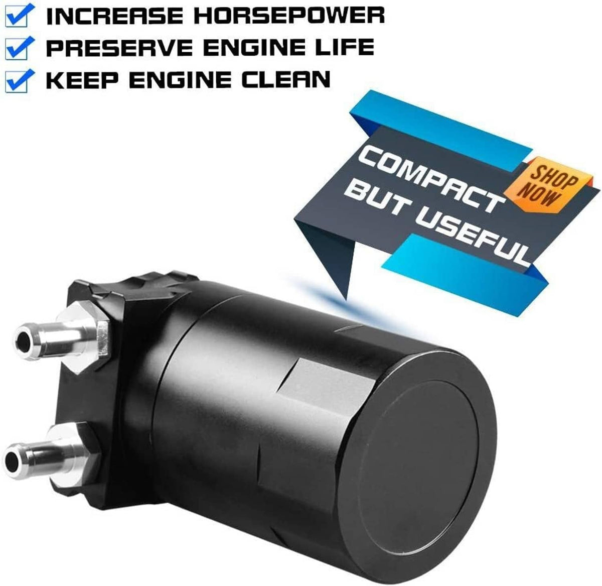 Black oil catch can cylinder with side inlet/outlet ports and mounting bracket