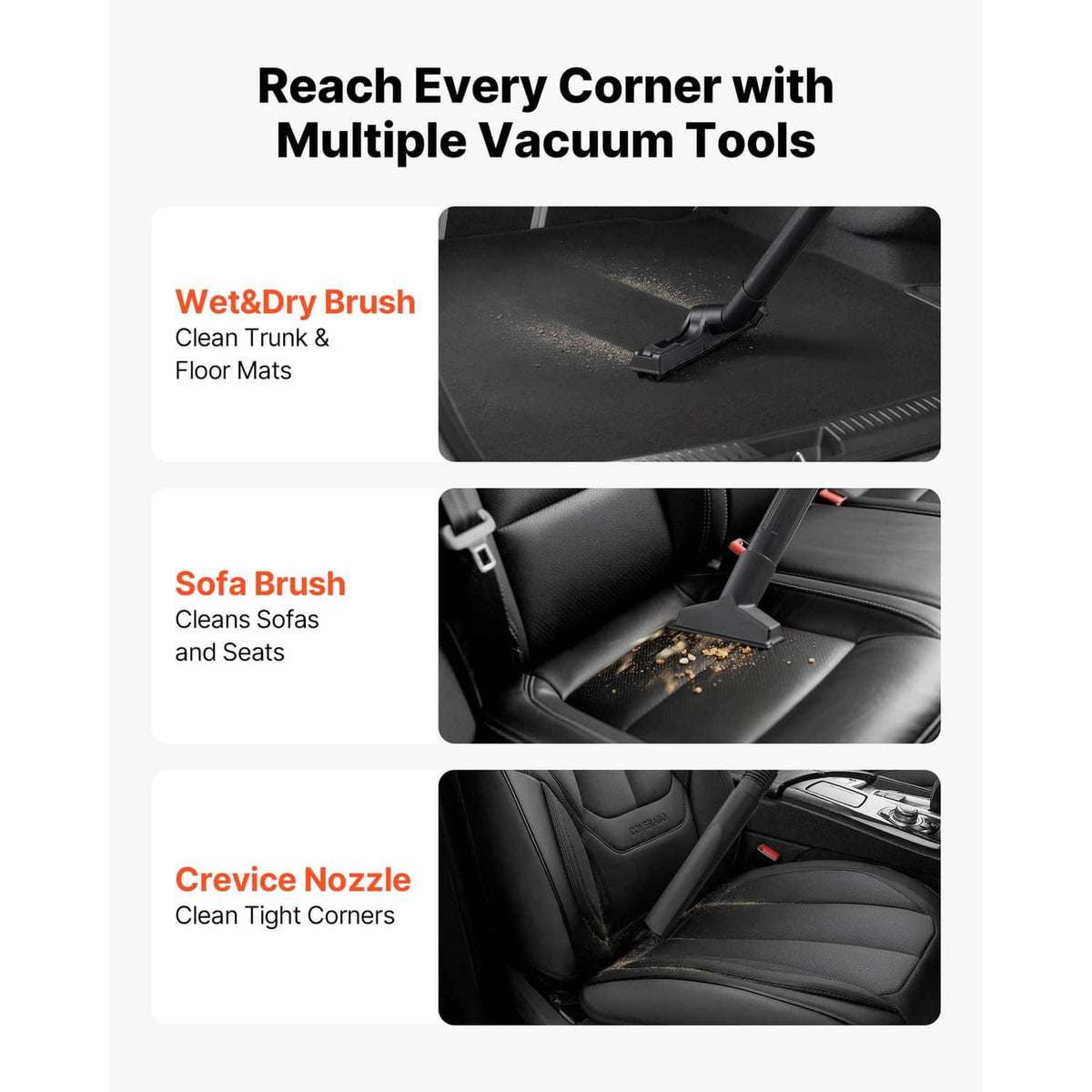 Wet/dry vacuum cleaner with multiple tool heads, including brush and crevice nozzle