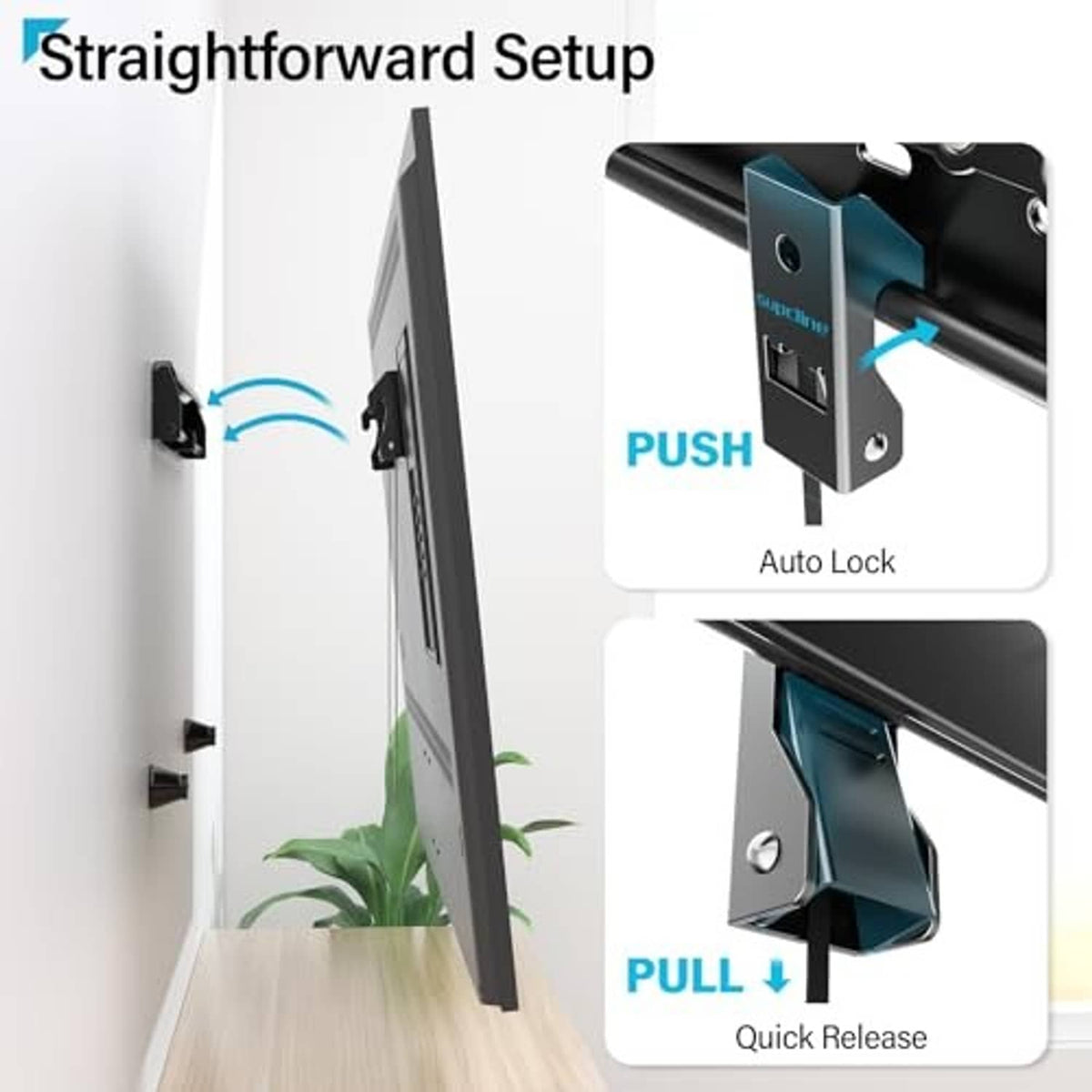 No-drill TV wall mount with auto-lock and quick-release push/pull latches