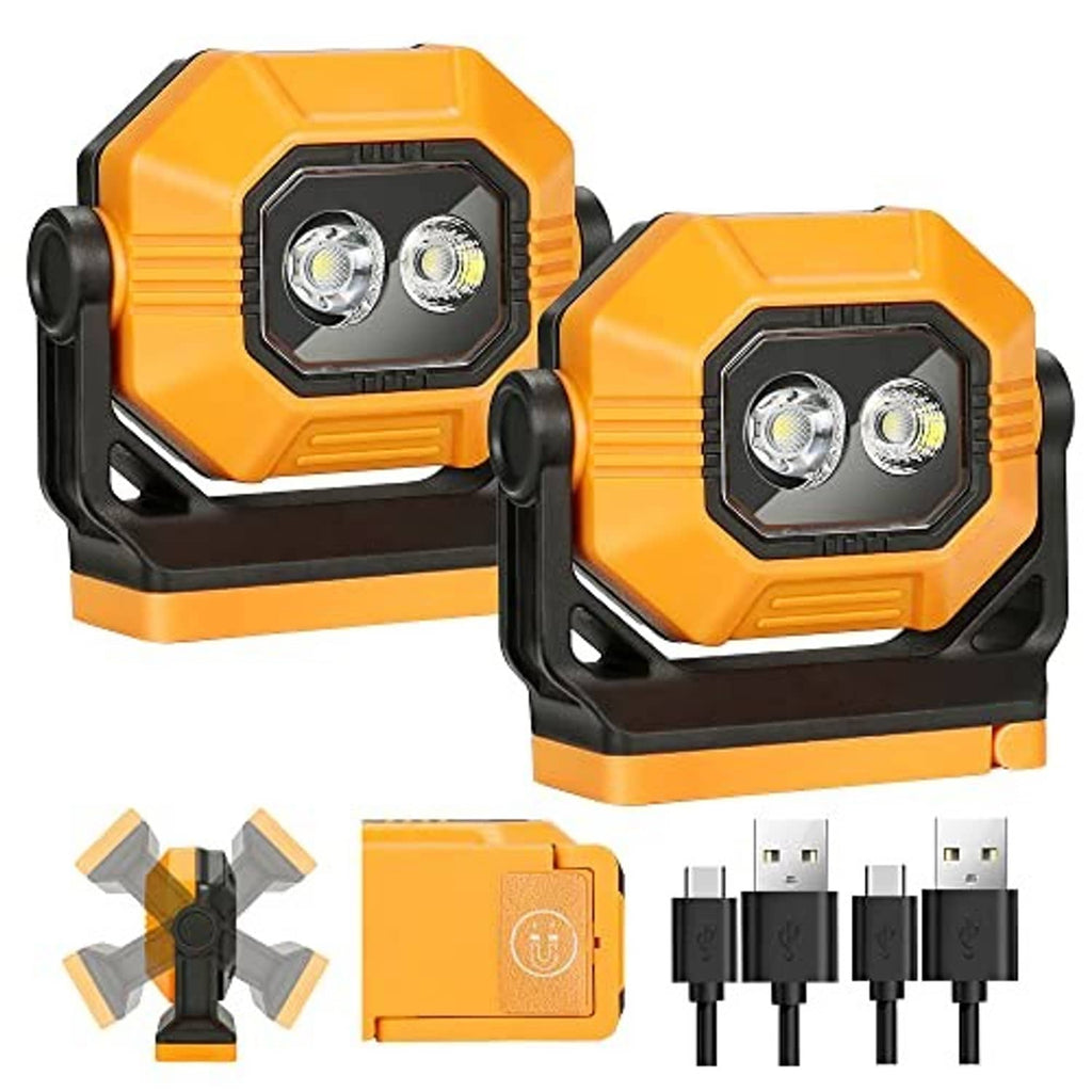 Pair of orange and black rechargeable work lights with dual LED lenses on each unit