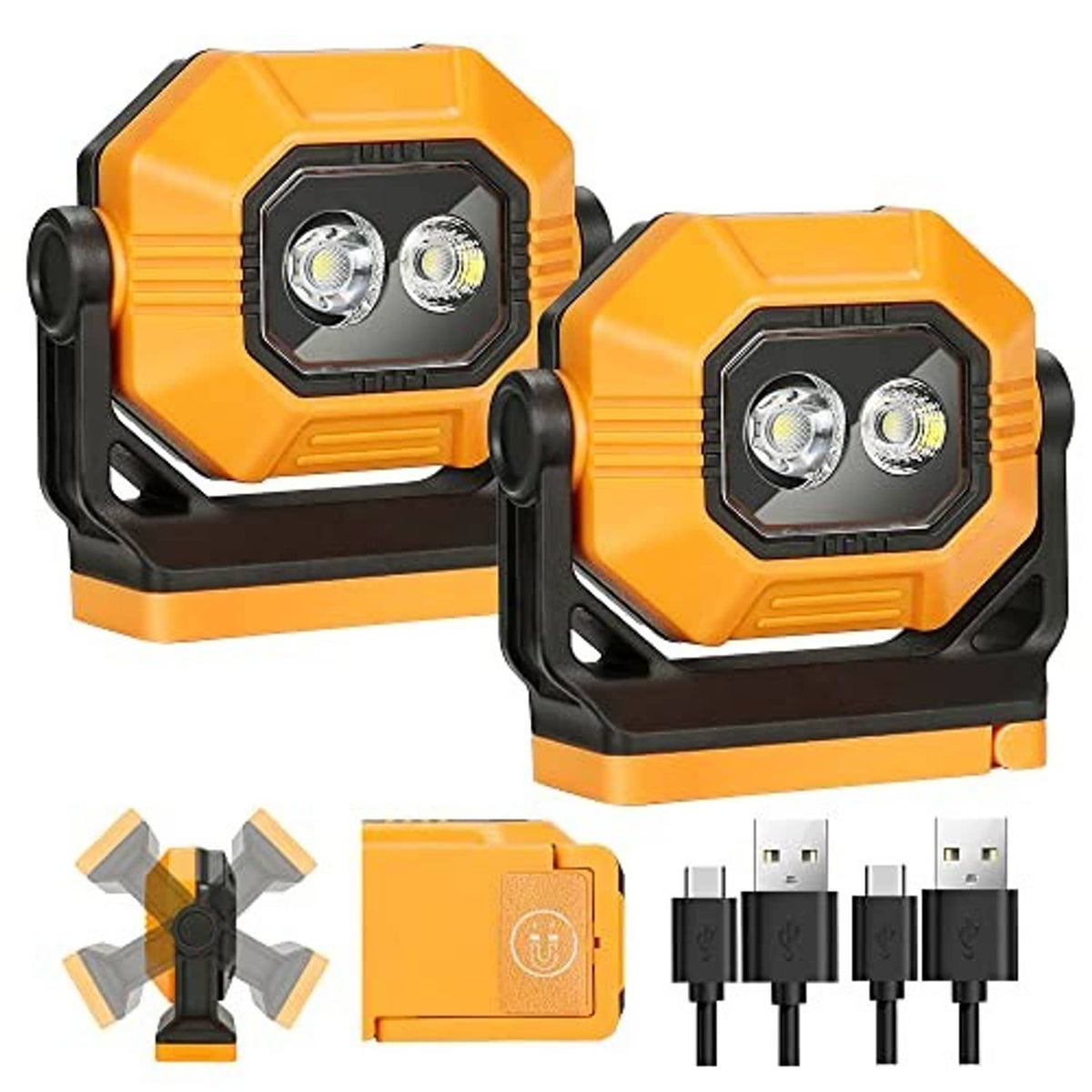 Pair of orange and black rechargeable work lights with dual LED lenses on each unit