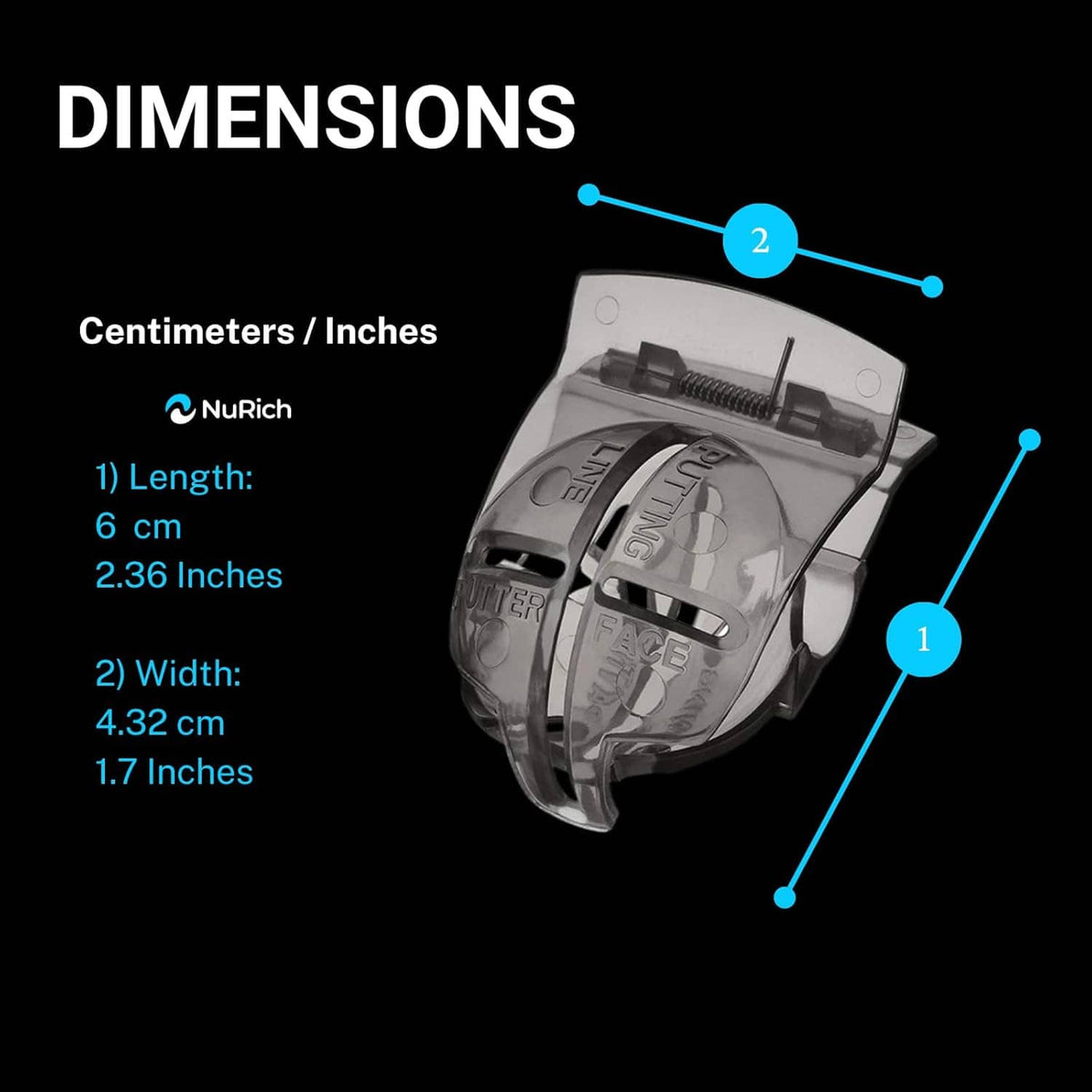Golf ball line marker tool with labeled size diagram and blue measurement lines