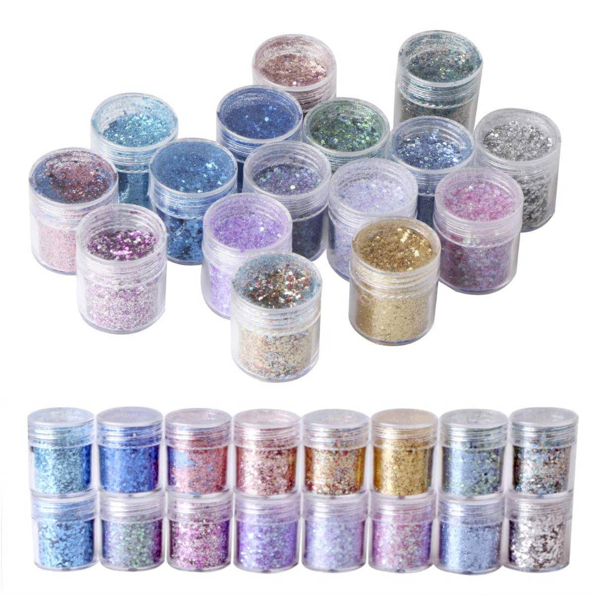 Assorted chunky body glitter jars in pastel and dark shimmer colors