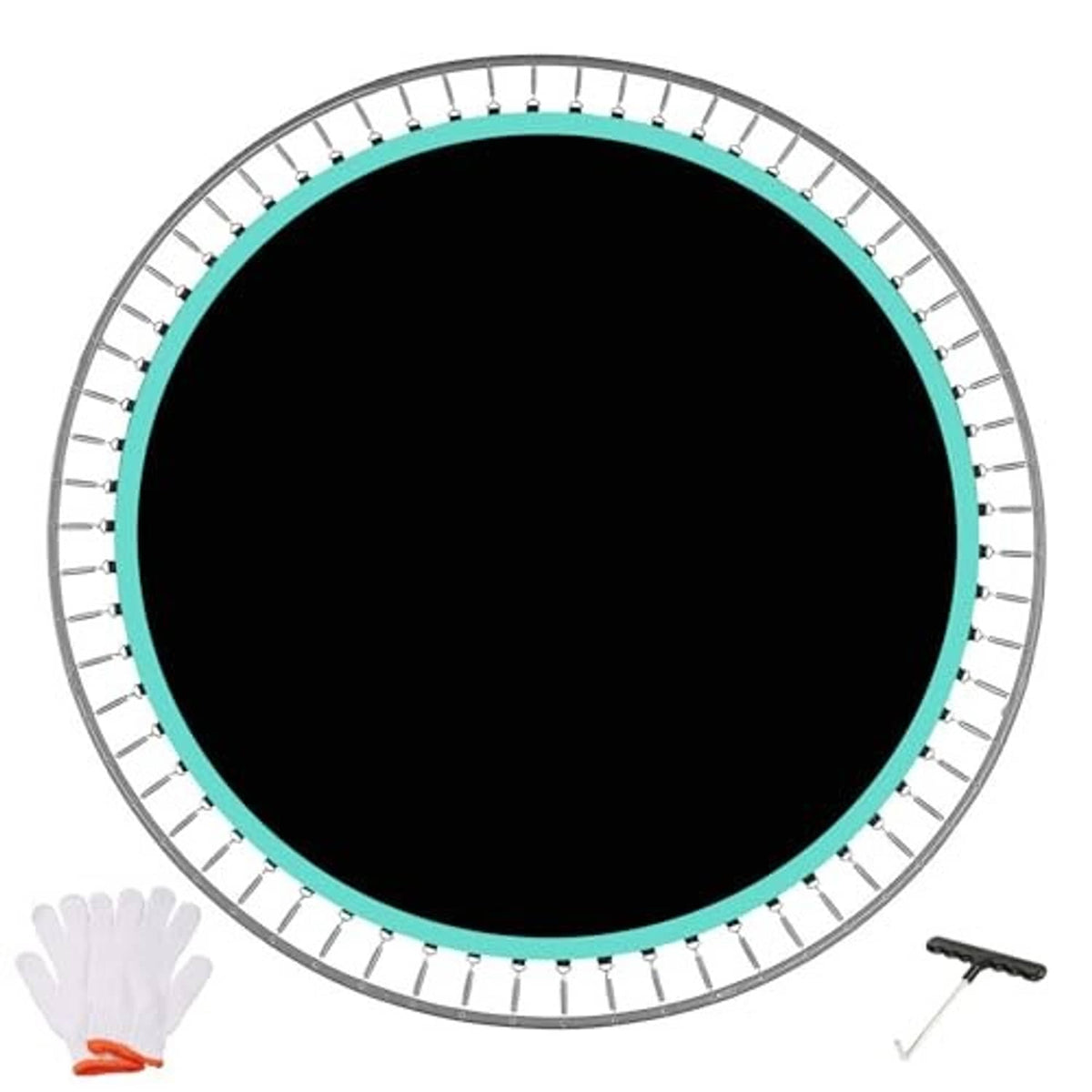 Circular black trampoline replacement mat with teal border and evenly spaced V-ring loops