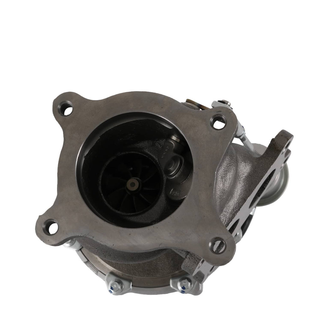 Turbocharger front view with circular black compressor inlet and side mounting brackets