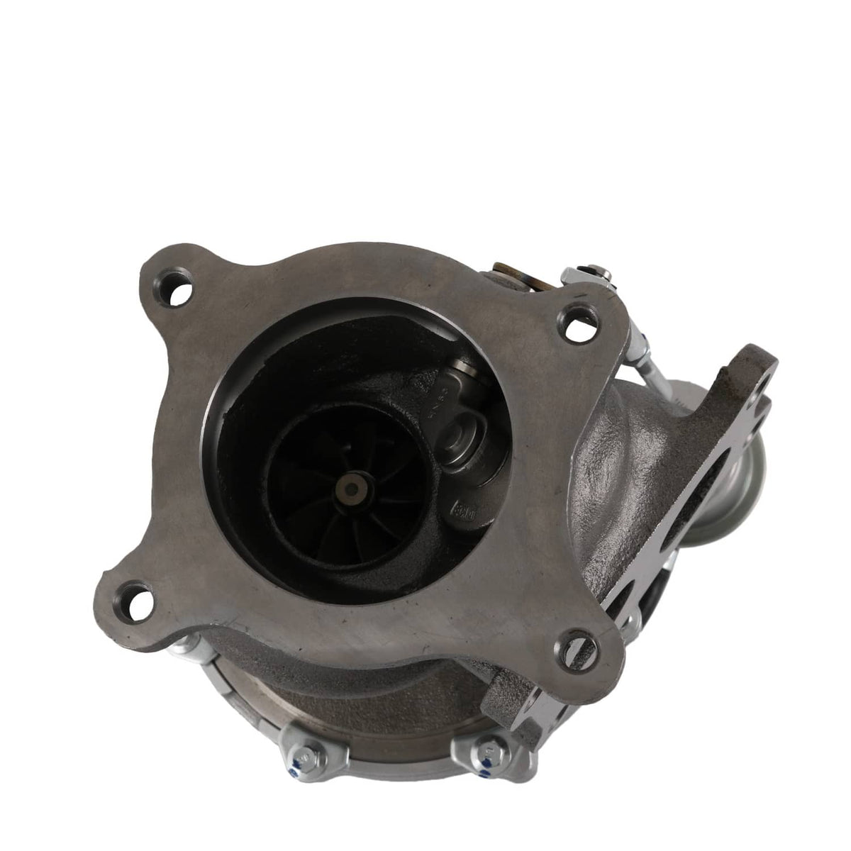 Turbocharger front view with circular black compressor inlet and side mounting brackets