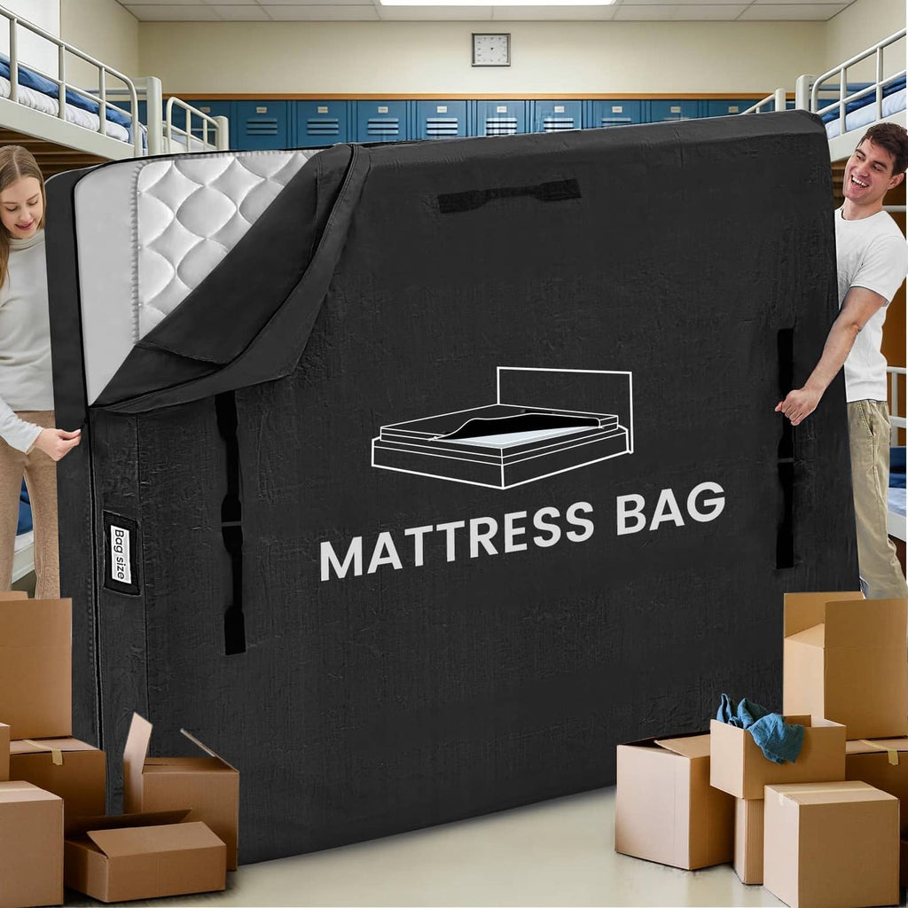 Black twin XL mattress storage bag with handles and printed logo