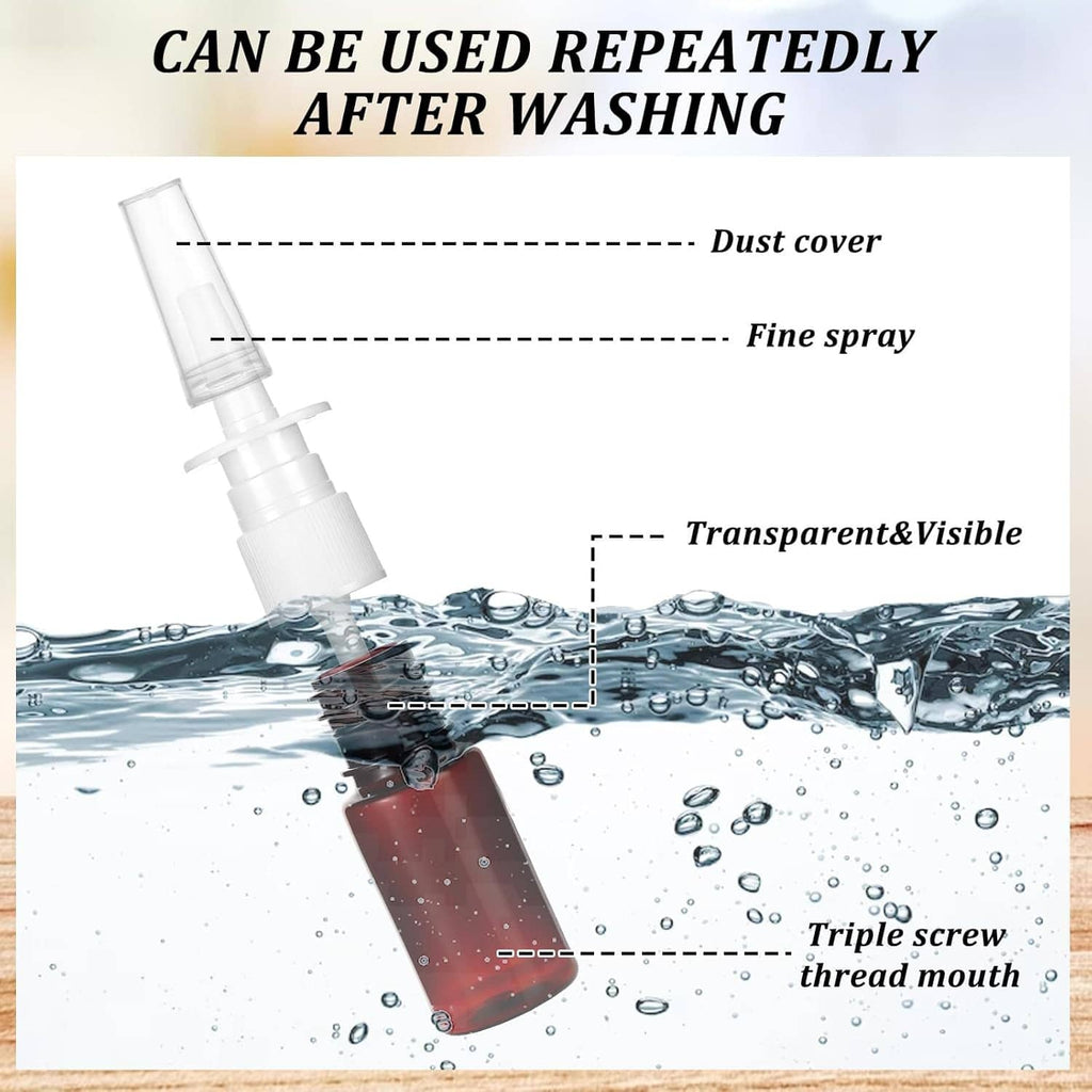 Nasal spray bottle sprayer with fine mist nozzle and dust cover shown with water droplets