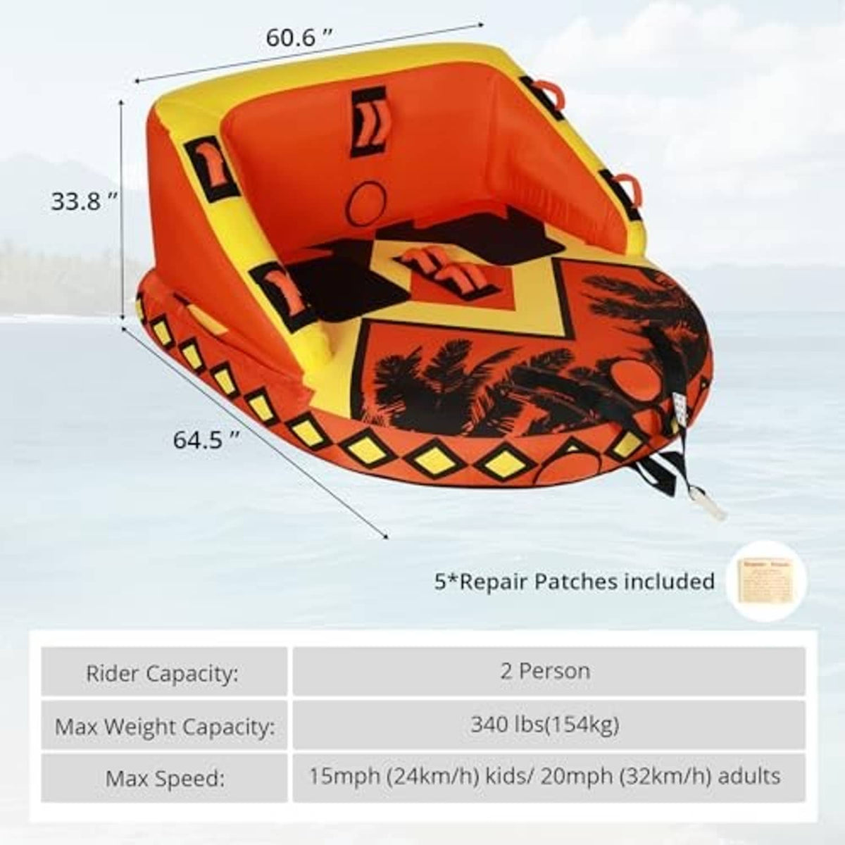 Orange inflatable boat tow tube with black palm-pattern base and rear tow connection