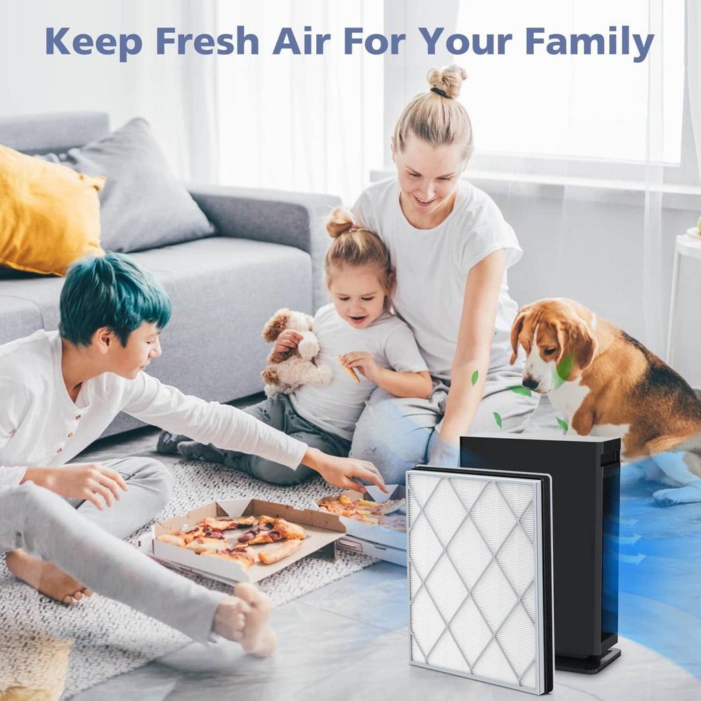 HEPA replacement air purifier filter with white pleated panel and gray crosshatch frame