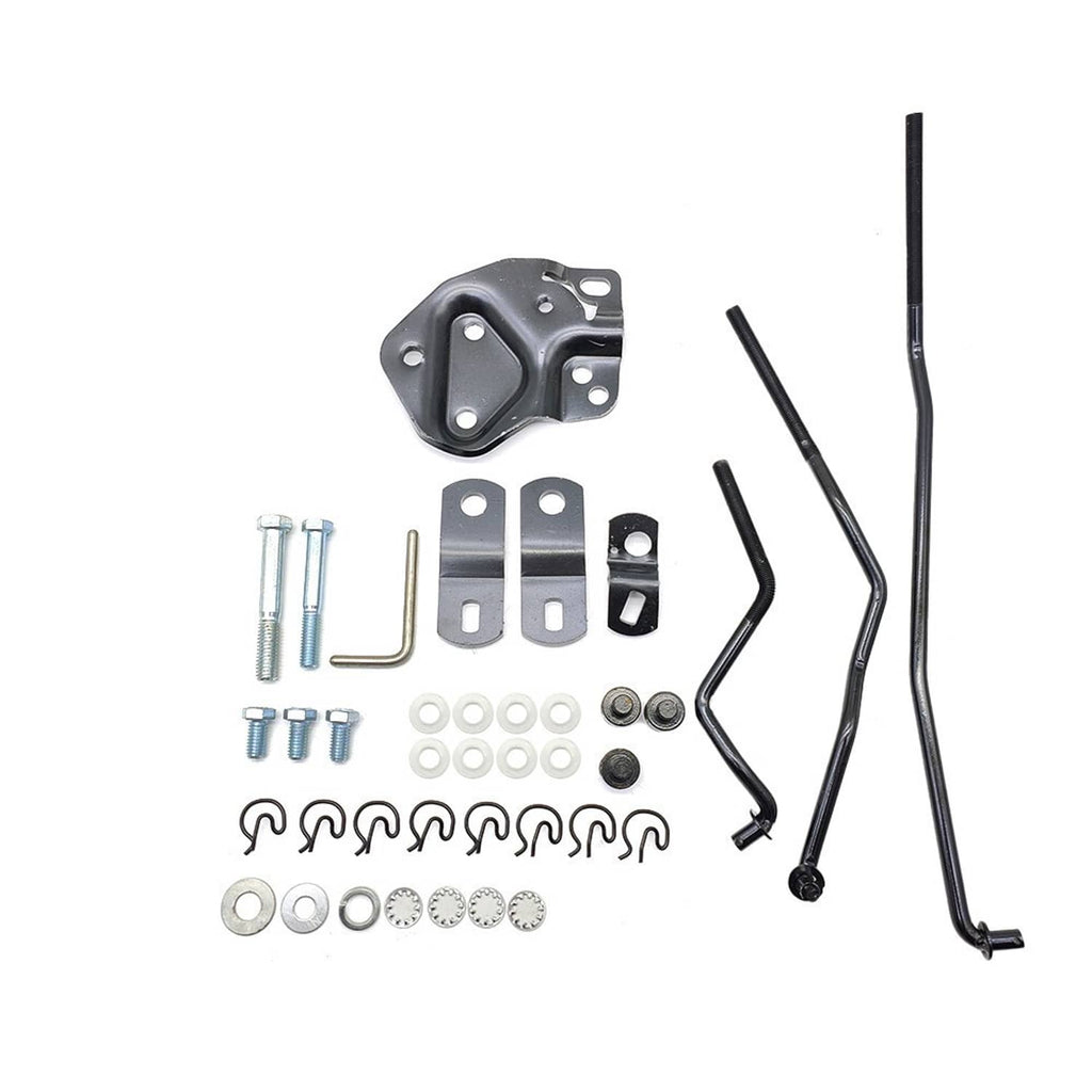 Shifter linkage kit components with black brackets, rods, bushings, and hardware