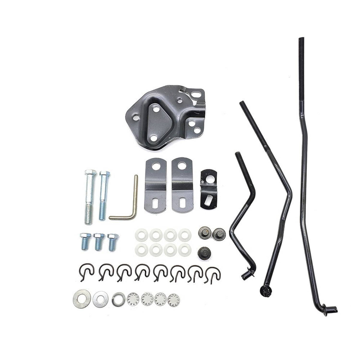 Shifter linkage kit components with black brackets, rods, bushings, and hardware