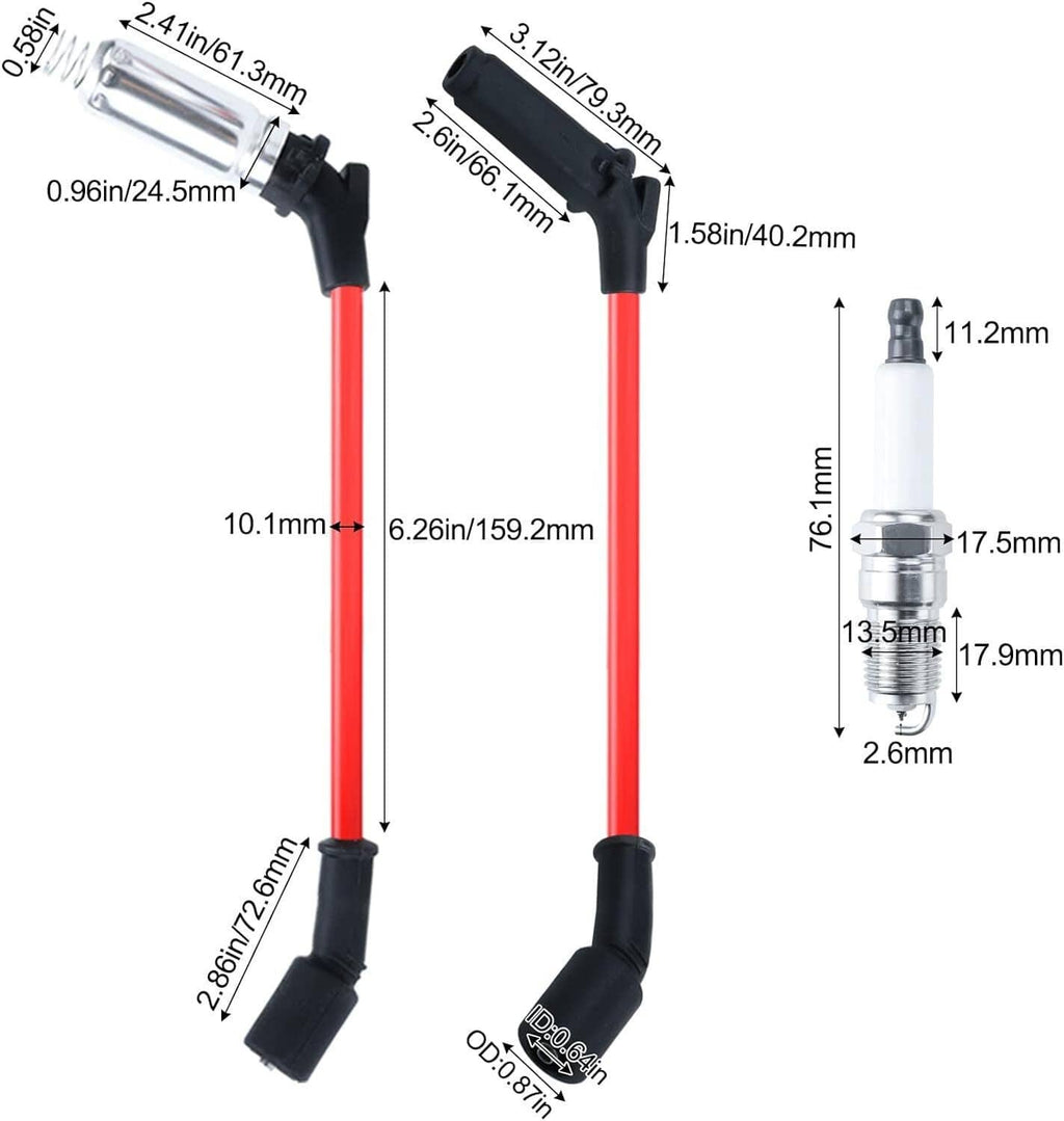 Ignition wire pair with red cables and black boots; connector and plug lead shown with measurements