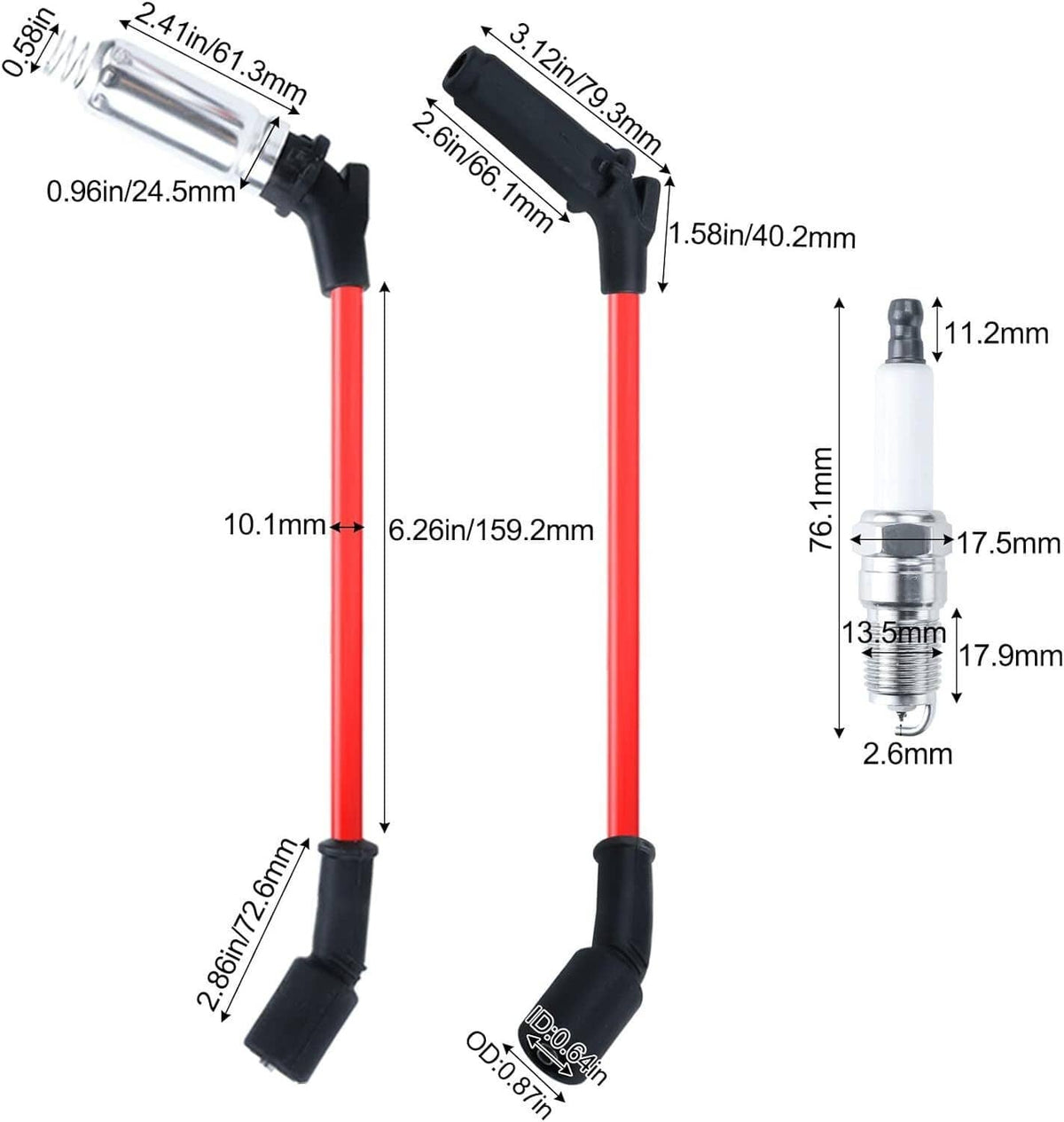 Ignition wire pair with red cables and black boots; connector and plug lead shown with measurements