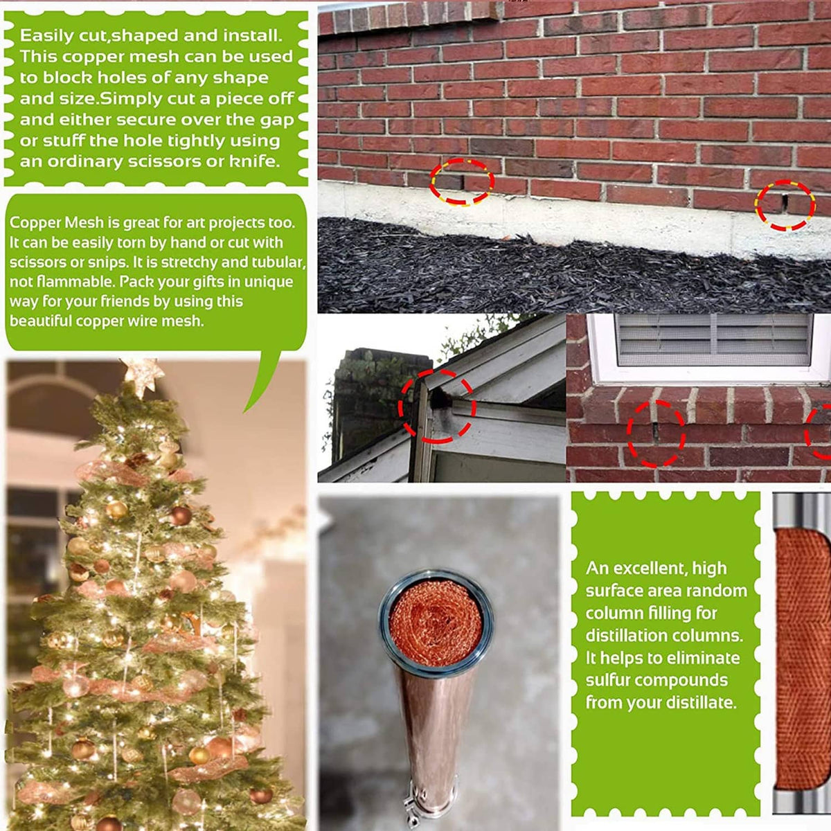 Copper mesh strip secured along a brick eave; copper mesh filter cup